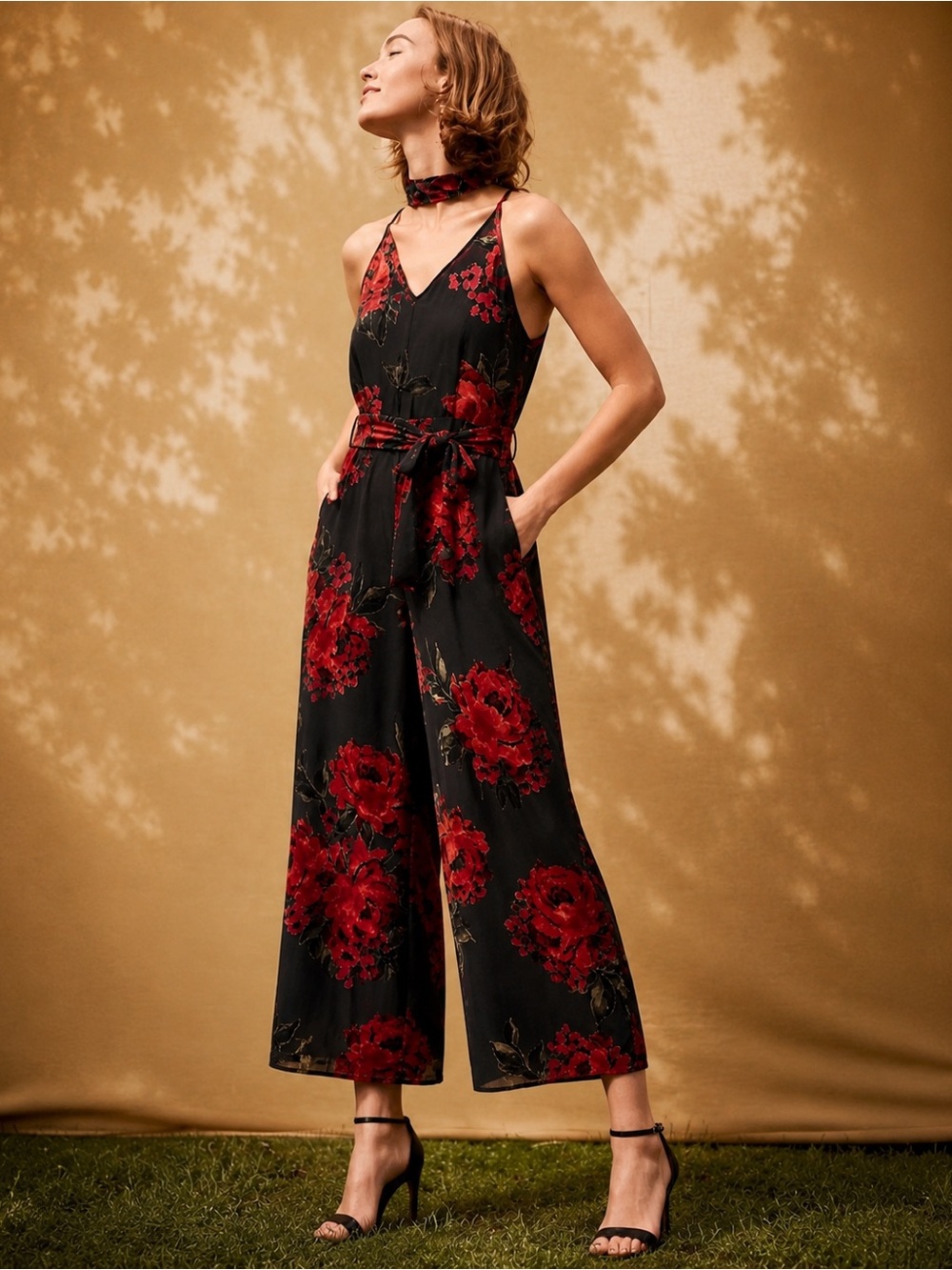 Anthropologie Etti TWA Black Burnout Velvet Floral Cropped Wide Leg Jumpsuit XS - Picture 1 of 16
